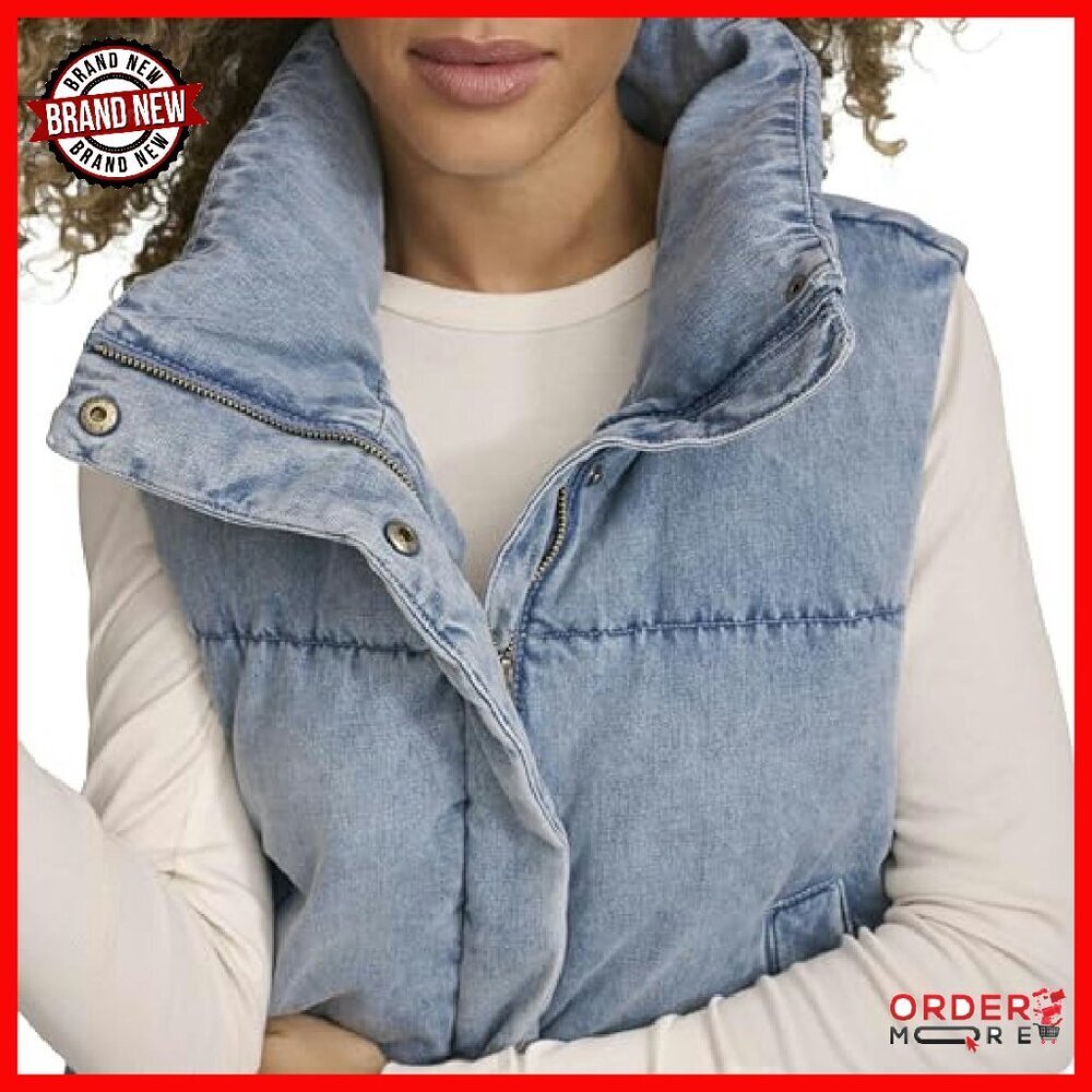 Vegan Leather Quilted Puffer Jacket, Cropped Denim Vest, Women's Sizes - Picture 5 of 6